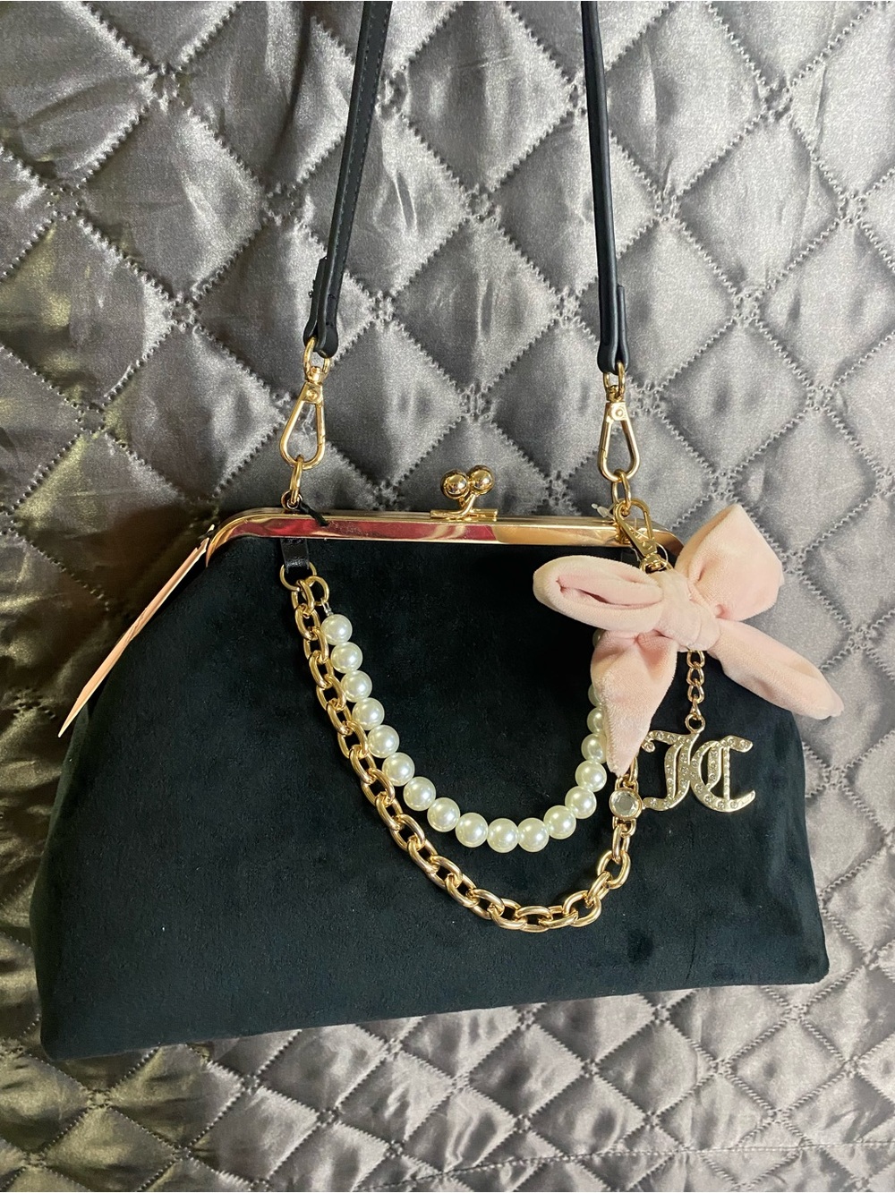 Juicy Couture Viral Trending Velvet Kiss Lock Bag with Pearls & Pink Bow NWT